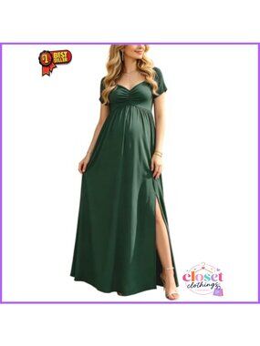 Maternity Maxi Dress Off Shoulder Short Sleeve Slit Formal Gown